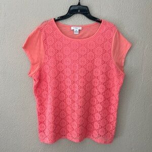 Liz Claiborne T-Shirt Women's Peach/Coral Crochet Front Pullover Knit Top 2X
